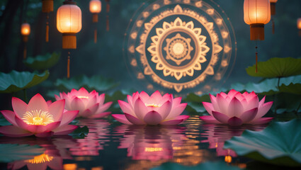 Vesak celebration features lotus flowers and candles in a tranquil setting with a mandala backdrop in the evening light