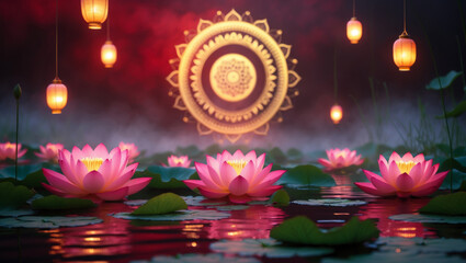Vesak celebration with lotus flowers, candles, and a mandala design at twilight in a serene and mystical atmosphere
