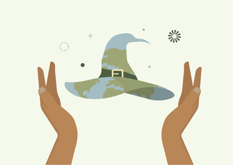 Magical Hands Presenting Earth-Toned Witch Hat Illustration. Eco-friendly Halloween concept. Flat style. Vector illustration