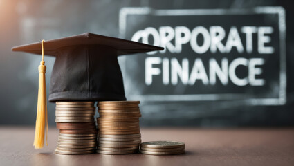 Graduation cap rests on stacks of coins symbolizing education and financial success in a corporate setting