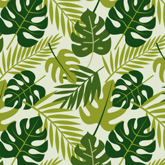 Obraz premium Seamless tropical pattern with green monstera and palm leaves. Trendy botanical design for summer textile, wallpaper, packaging, eco branding, and interior decor.