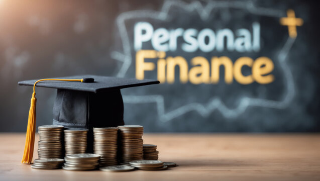 Graduation cap on coins with personal finance concept in the background emphasizing financial education and growth