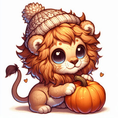 Naklejka premium Adorable chibi lion wearing a cozy beanie, happily holding a pumpkin in an autumn setting