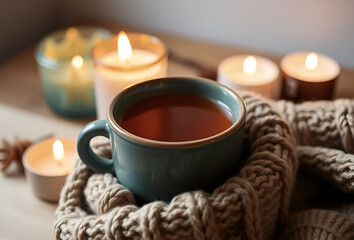 Warm morning beverage with cookies and candle for a sweet breakfast break, Generative AI