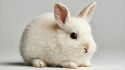   A small white rabbit on a white floor near two walls-one gray and one white