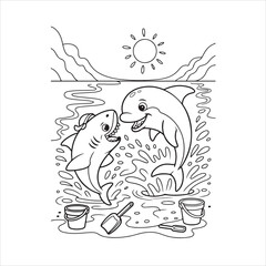Baby Shark and Dolphin Splash Fight with Beach Buckets – Fun Ocean Coloring Page