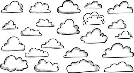 Obraz premium Kid crayon clouds set - various cute simple shapes outlines drawn by hand. Isolated black line cartoon doodle sketch elements on white background.