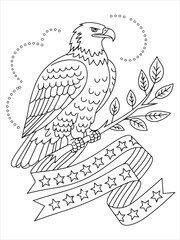 Cheerful Bald Eagle Holding Ribbon with Stars and Stripes Coloring Page