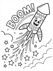 Smiling Firework Rocket with Trailing Stars Coloring Page