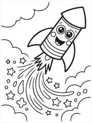 Smiling Firework Rocket with Trailing Stars Coloring Page
