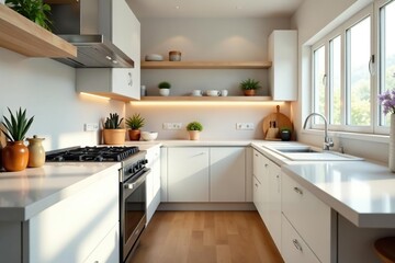 Gleaming kitchen, spotless counters, sparkling appliances, kitchen, utensils