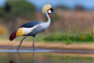 Fototapeta premium Crowned Crane Walking Gracefully Along a Serene Water Edge in a Vibrant Natural Habitat During Daylight Hours