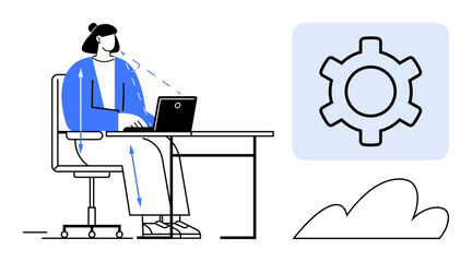 Woman at desk engaging with laptop, surrounded by technology and productivity symbols. Ideal for tech, workflow, efficiency, online learning, automation, business tools, simple landing page