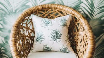 Tropical patterned cushion in a wicker chair.