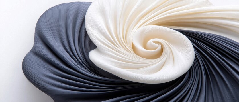 A close-up view of a fabric with a swirling pattern in white and dark blue.
