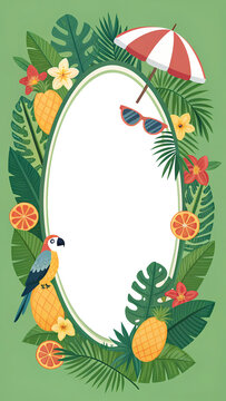 Vertical border frame with transparent center featuring a whimsical vertical border with a transparent oval center, adorned with tropical mangos, parr