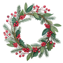 Festive wreath with berries isolated on transparent background