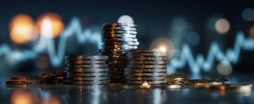 The shining stacks of coins against a blurred financial backdrop