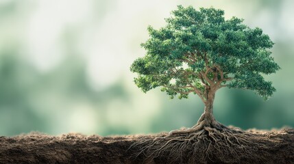 Majestic Tree with Exposed Roots in Soil Against a Blurred Green Background Showcasing Nature's Beauty and Resilience in a Lush Environment