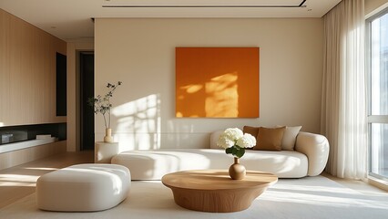 Bright, Modern Home Interior Featuring a Sculptural Sofa, Warm Wooden Flooring, and Designer Lighting Fixtures, Real Estate, Purchase, Architecture, Design Concept