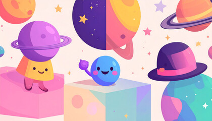 Playful illustration featuring cute, cartoon planets, stars, and a small, happy blue character atop a pastel cube, set against a light background.  The style is vibrant and whimsical