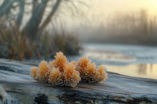 Frost-covered fungi, possibly Calocera viscosa, rests on a log by a misty river at sunrise. - Powered by Adobe
