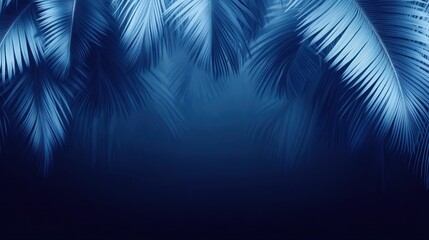 Indigo tropical palm leaves frame a dark background.