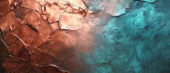Fototapeta premium A textured abstract painting with a gradient of copper and turquoise colors.