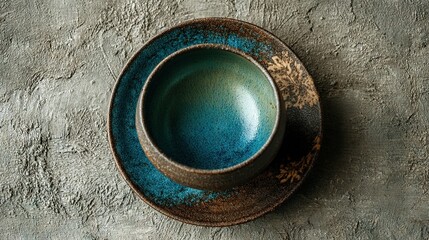   A close-up photo of a cup and saucer sitting on a table against a wall background