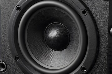 Black speaker cone, close-up of audio equipment, showcasing intricate texture and design, perfect for sound-related content.