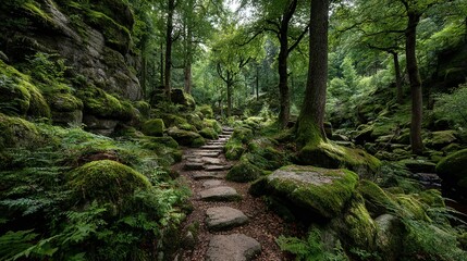 Obraz premium A winding trail through a dense woods, flanked by lush vegetation on either side