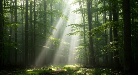 Fototapeta premium Sunbeams Illuminating a Mystical Forest Path