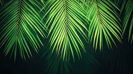 Close-up view of vibrant tropical palm fronds against a dark background.