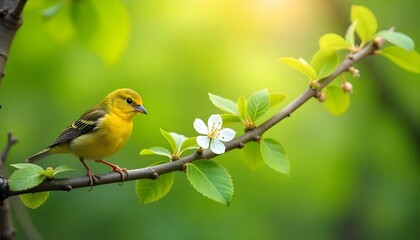 Fototapeta premium Vibrant Yellow Bird Perched on Blooming Branch in Spring