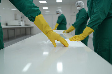 Sanitation workers meticulously cleaning a pristine white surface, ensuring hygiene in a controlled environment with focus on meticulous sanitization.