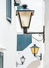 Traditional Black Street Lamps On Whitewashed Mediterranean Walls In Binibeca Vell, Vintage...