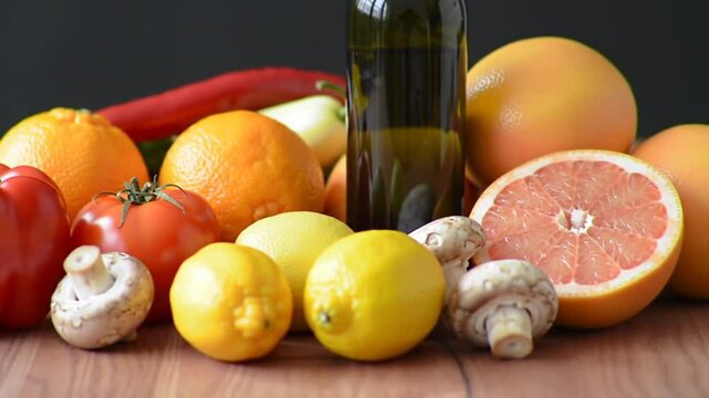 Freshness Still Life With Assortment Of Fruit And Vegetables On Wooden Table