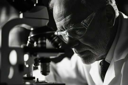A senior scientist meticulously examines a sample under a microscope, engrossed in scientific research.