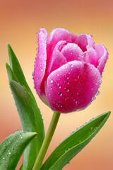 Naklejka premium Delicate Pink Tulip Glistening With Water Droplets Against a Soft Gradient Background in Springtime