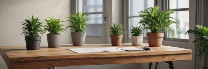 Fototapeta premium Modern wooden desk with potted plants, minimalist office setting, contemporary, clean