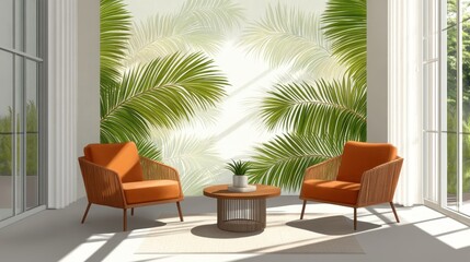 Tropical interior design with patterned palm leaves.