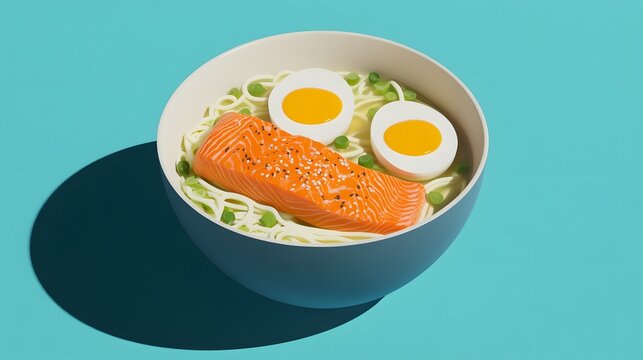 A  shot of a bowl of noodle dish with salmon and eggs.