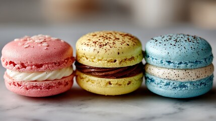 Obraz premium Three macaroons sit together on a marble countertop