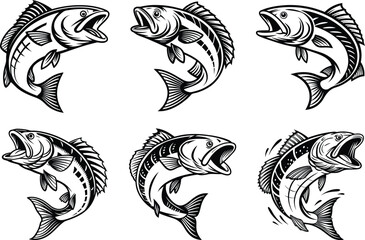 Collection of six monochrome fish illustrations in various jumping poses on a white background