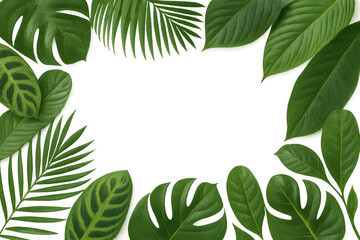 Fototapeta premium Green tropical leaves creating verdant natural border against transparent backdrop, highlighting botanical freshness for graphic design elements