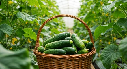 Wicker basket filled with fresh cucumbers in a greenhouse surrounded by green plants