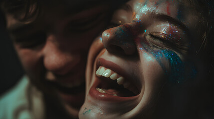 Close up of a woman laughing with glitter on her face and another person in the background