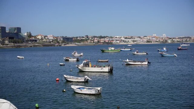 Calm Coastal Harbor Scene Numerous Fishing Boats Moored at Sea Sunny Day
