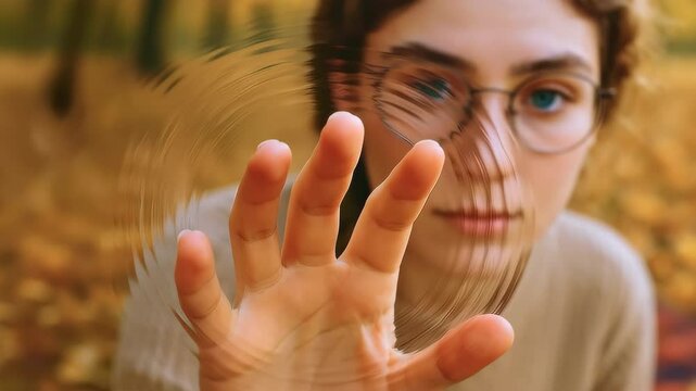 young woman looks at camera with thoughtful expression, touches space in front of her with her index finger and effect of wave-like circles appears in space, effect interaction with virtual interface