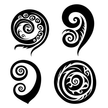 A set of Maori style koru spiral swirls, icon minimalist style. Black and white vector illustration isolated on transparent background.	